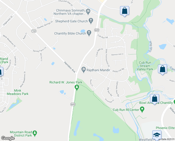 map of restaurants, bars, coffee shops, grocery stores, and more near 4525 Cub Run Road in Chantilly