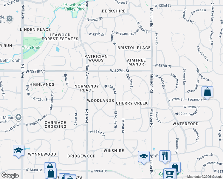 map of restaurants, bars, coffee shops, grocery stores, and more near 4405 West 128th Street in Leawood