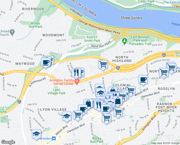 map of restaurants, bars, coffee shops, grocery stores, and more near 1965 North Adams Street in Arlington