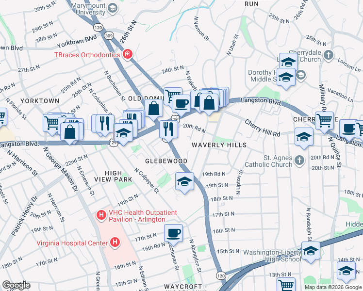 map of restaurants, bars, coffee shops, grocery stores, and more near 2105 North Glebe Road in Arlington