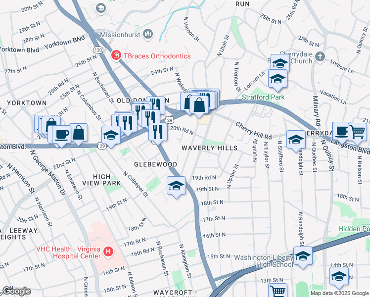 map of restaurants, bars, coffee shops, grocery stores, and more near 4638 20th Place North in Arlington