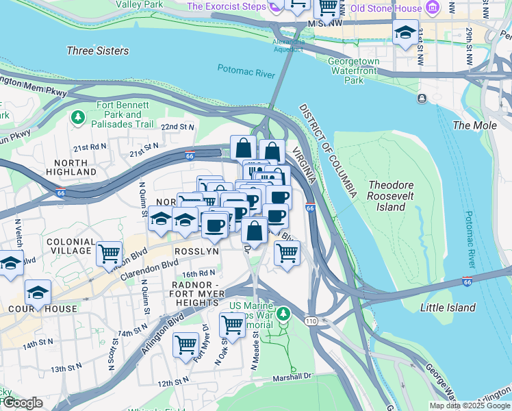 map of restaurants, bars, coffee shops, grocery stores, and more near 1812 North Moore Street in Arlington