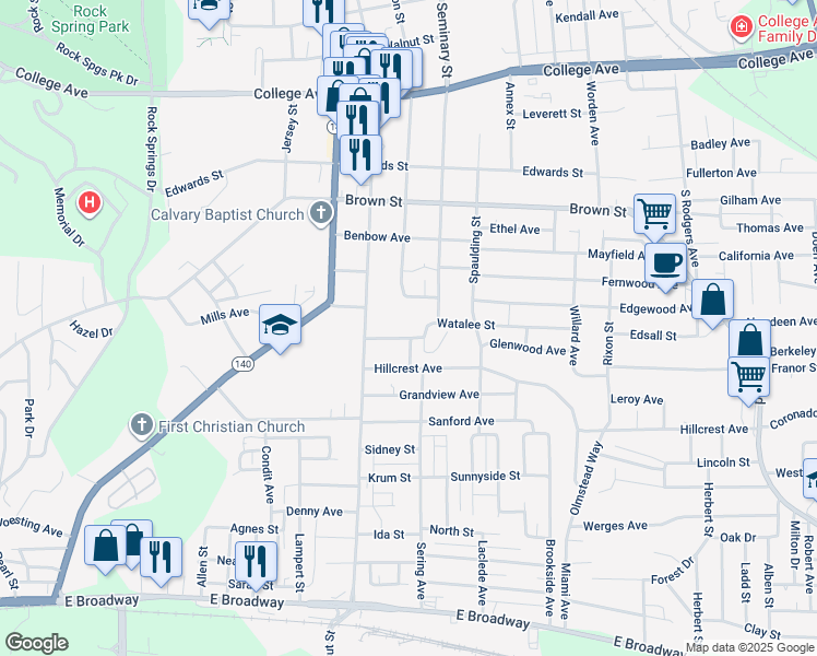 map of restaurants, bars, coffee shops, grocery stores, and more near 2628 Watalee Street in Alton