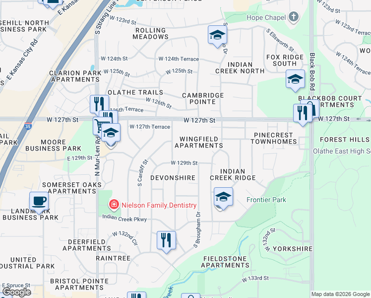 map of restaurants, bars, coffee shops, grocery stores, and more near 15911 West 127th Street in Olathe
