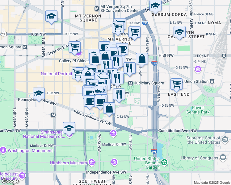 map of restaurants, bars, coffee shops, grocery stores, and more near in Washington