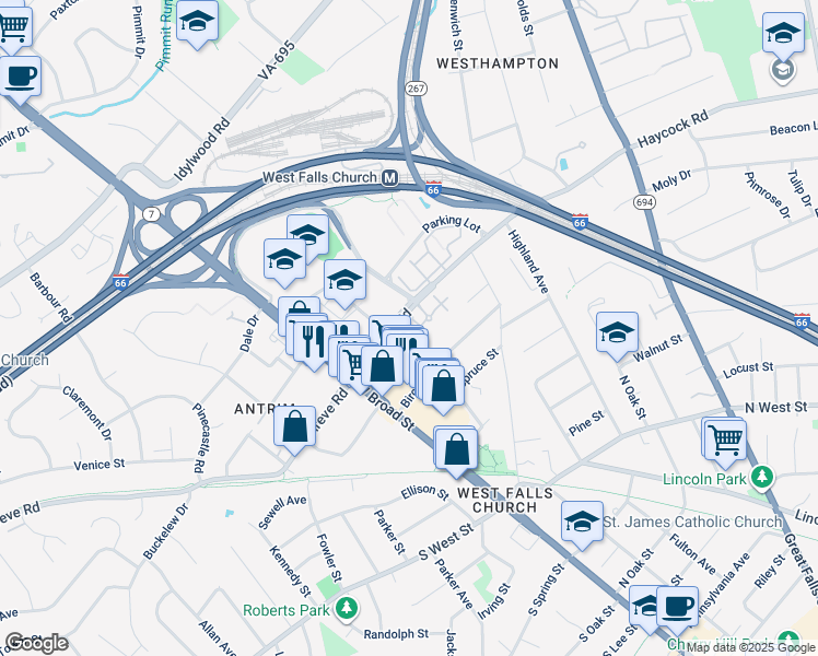 map of restaurants, bars, coffee shops, grocery stores, and more near 7035 Haycock Road in Falls Church