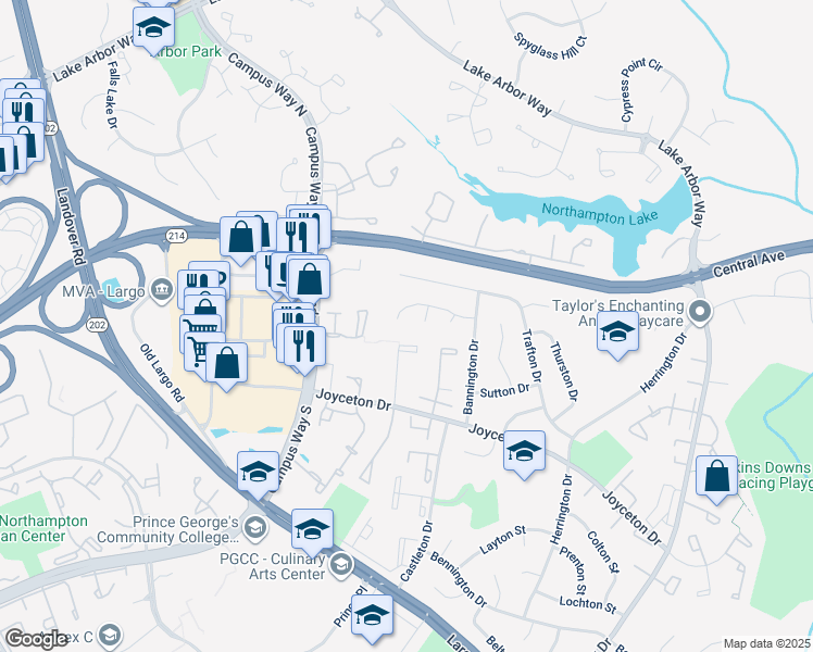 map of restaurants, bars, coffee shops, grocery stores, and more near 10803 Sugar Maple Terrace in Upper Marlboro
