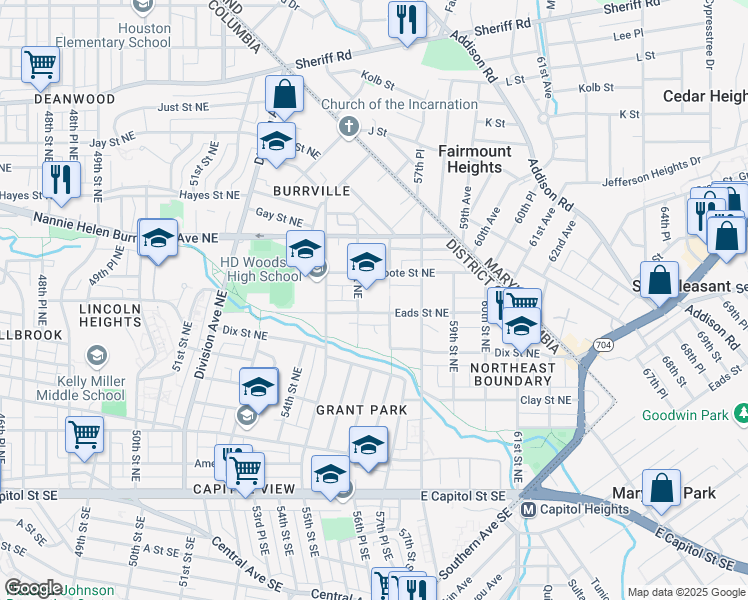 map of restaurants, bars, coffee shops, grocery stores, and more near 5600 Eads Street Northeast in Washington