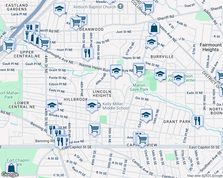 map of restaurants, bars, coffee shops, grocery stores, and more near 5000 Fitch Place Northeast in Washington