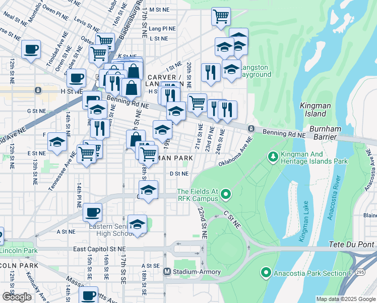map of restaurants, bars, coffee shops, grocery stores, and more near 2030 E Street Northeast in Washington
