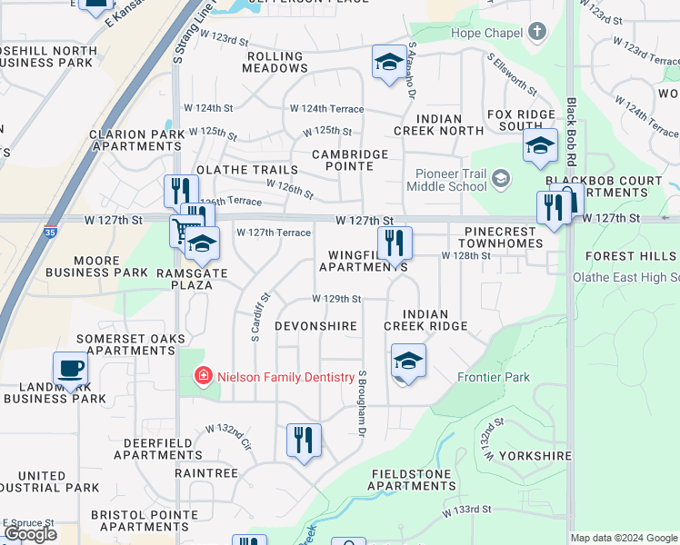 map of restaurants, bars, coffee shops, grocery stores, and more near 15911 West 127th Street in Olathe