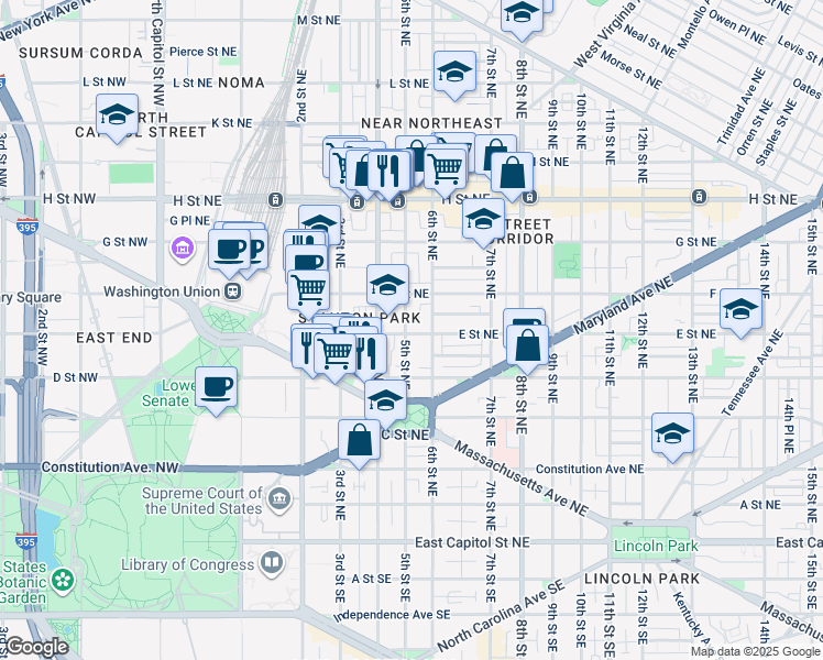 map of restaurants, bars, coffee shops, grocery stores, and more near 101 Independence Avenue Southeast in Washington