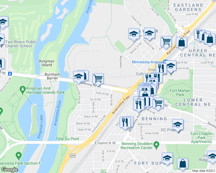 map of restaurants, bars, coffee shops, grocery stores, and more near 3398 Benning Road Northeast in Washington
