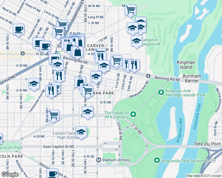map of restaurants, bars, coffee shops, grocery stores, and more near 2030 E Street Northeast in Washington