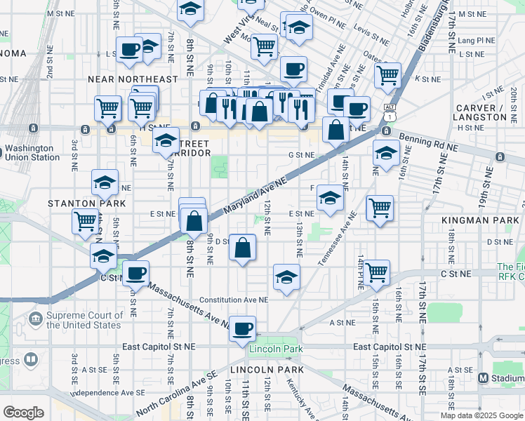 map of restaurants, bars, coffee shops, grocery stores, and more near 1124 E Street NE in Washington