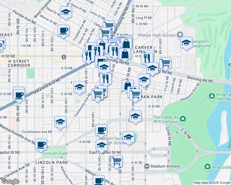 map of restaurants, bars, coffee shops, grocery stores, and more near 101 Independence Avenue Southeast in Washington