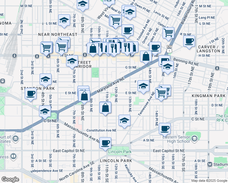 map of restaurants, bars, coffee shops, grocery stores, and more near 1124 E Street NE in Washington