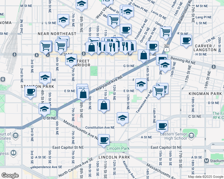 map of restaurants, bars, coffee shops, grocery stores, and more near 1124 E Street NE in Washington