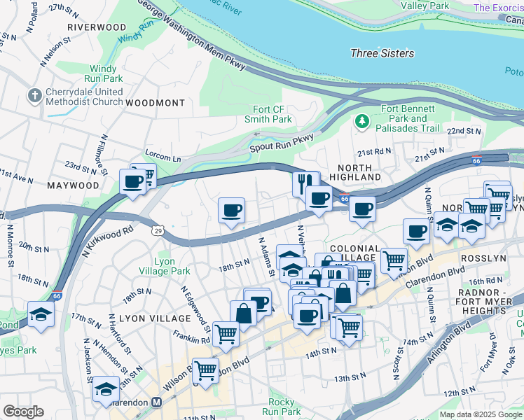 map of restaurants, bars, coffee shops, grocery stores, and more near 1965 North Adams Street in Arlington