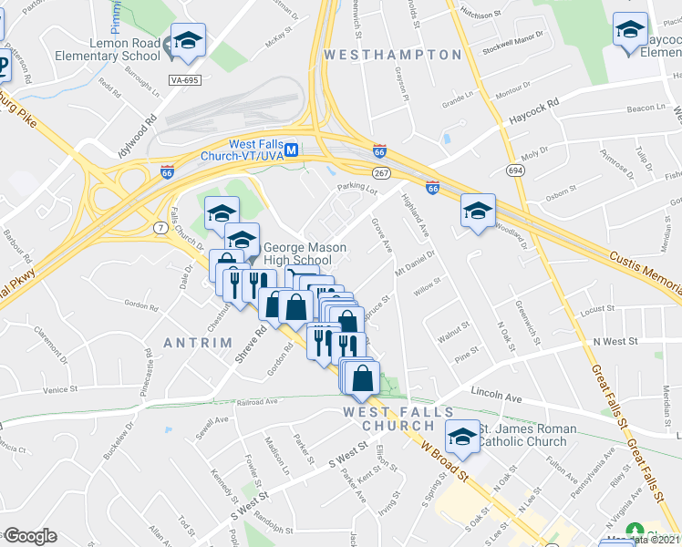 map of restaurants, bars, coffee shops, grocery stores, and more near 7029 Haycock Road in Falls Church