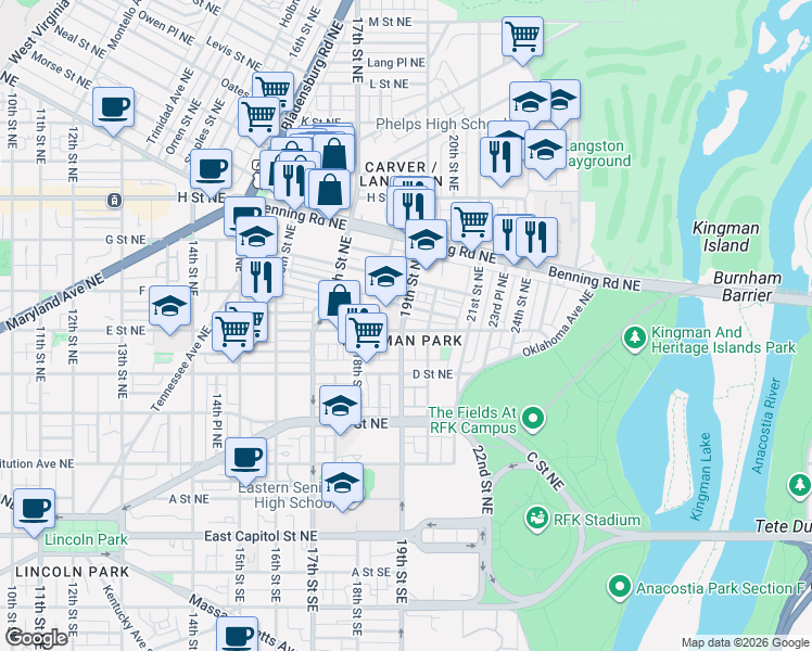 map of restaurants, bars, coffee shops, grocery stores, and more near 101 Independence Avenue Southeast in Washington