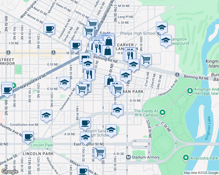 map of restaurants, bars, coffee shops, grocery stores, and more near 101 Independence Avenue Southeast in Washington