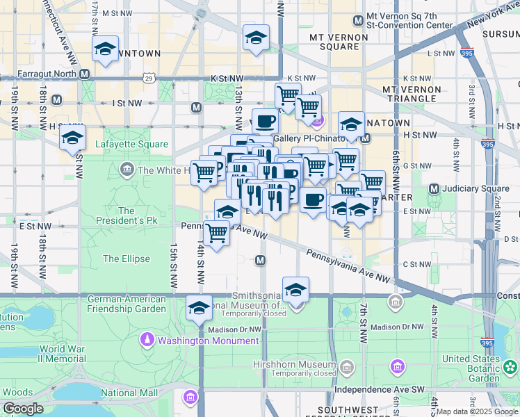 map of restaurants, bars, coffee shops, grocery stores, and more near 1299 Pennsylvania Avenue Northwest in Washington