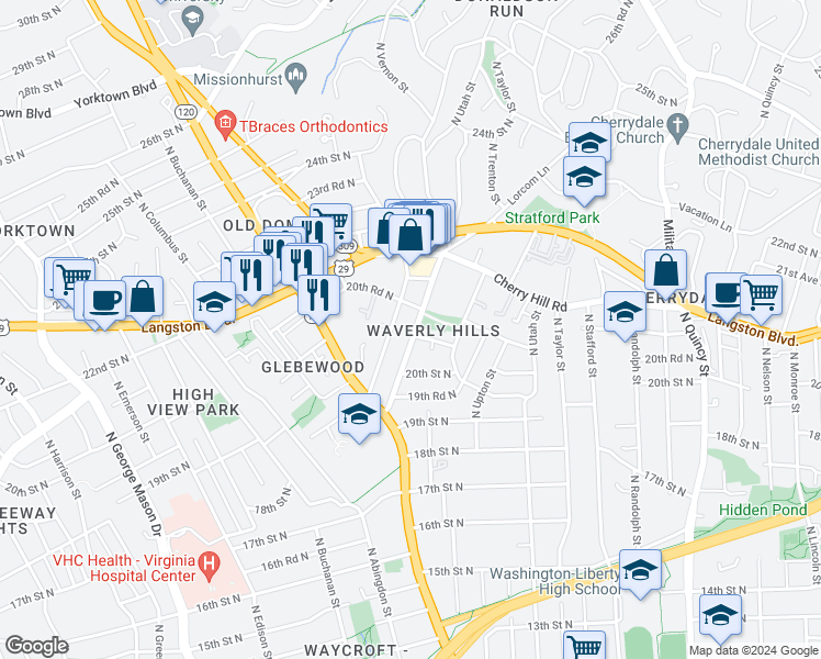 map of restaurants, bars, coffee shops, grocery stores, and more near 2036 North Woodstock Street in Arlington
