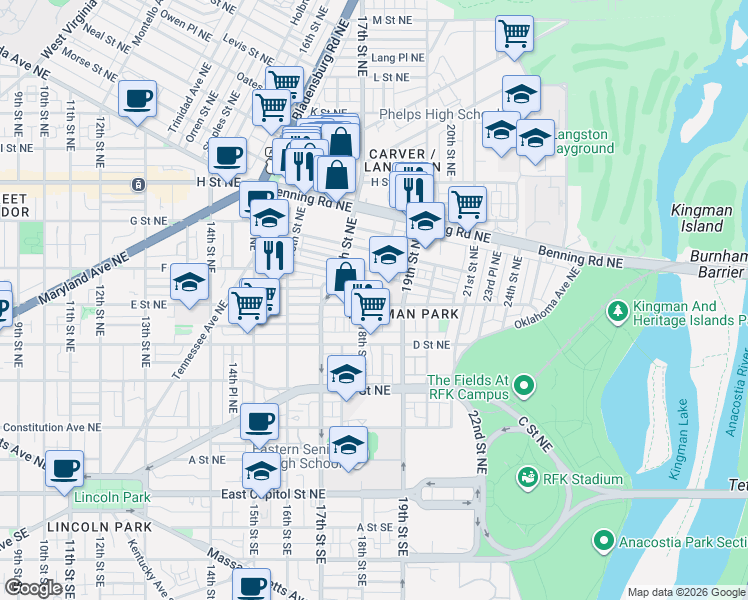 map of restaurants, bars, coffee shops, grocery stores, and more near 101 Independence Avenue Southeast in Washington