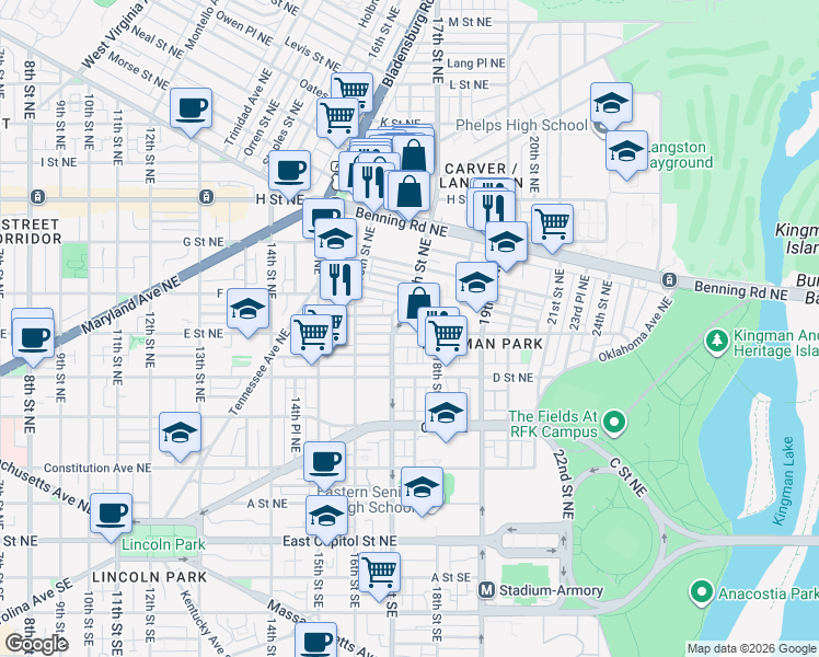 map of restaurants, bars, coffee shops, grocery stores, and more near 101 Independence Avenue Southeast in Washington