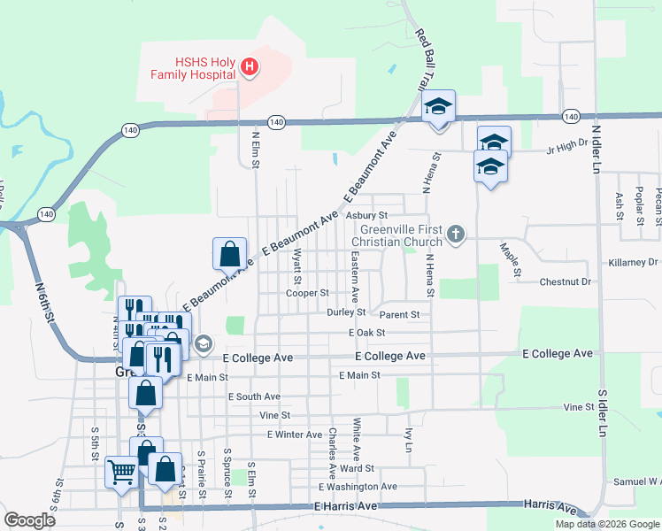 map of restaurants, bars, coffee shops, grocery stores, and more near 620 La Due Place in Greenville
