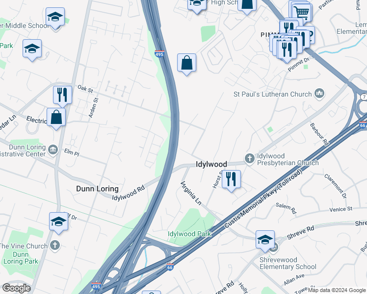 map of restaurants, bars, coffee shops, grocery stores, and more near 7810 Helena Drive in Falls Church