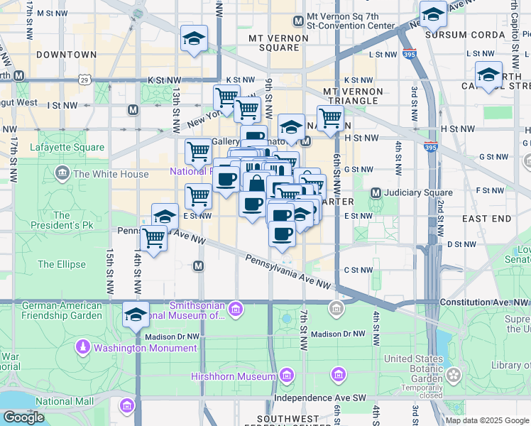 map of restaurants, bars, coffee shops, grocery stores, and more near 915 E Street Northwest in Washington