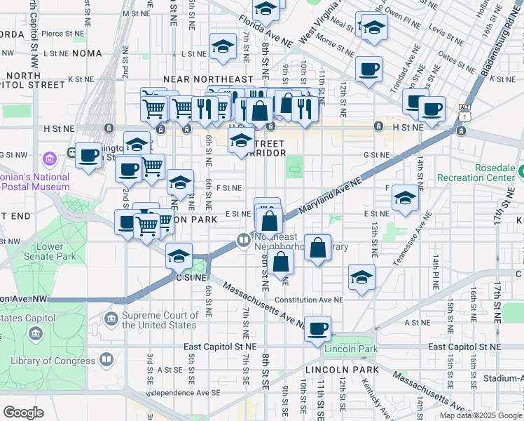 map of restaurants, bars, coffee shops, grocery stores, and more near 722 E Street Northeast in Washington