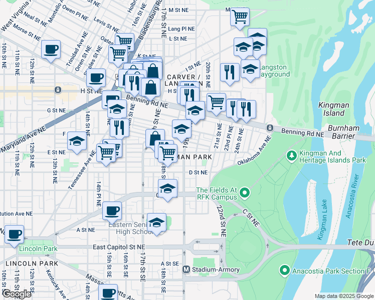 map of restaurants, bars, coffee shops, grocery stores, and more near 101 Independence Avenue Southeast in Washington