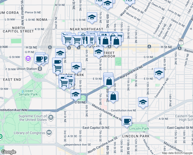 map of restaurants, bars, coffee shops, grocery stores, and more near 101 Independence Avenue Southeast in Washington