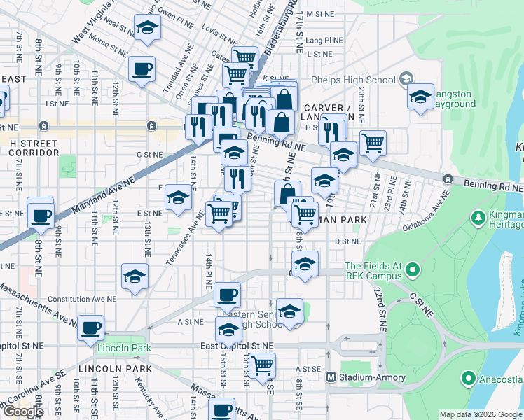 map of restaurants, bars, coffee shops, grocery stores, and more near 101 Independence Avenue Southeast in Washington