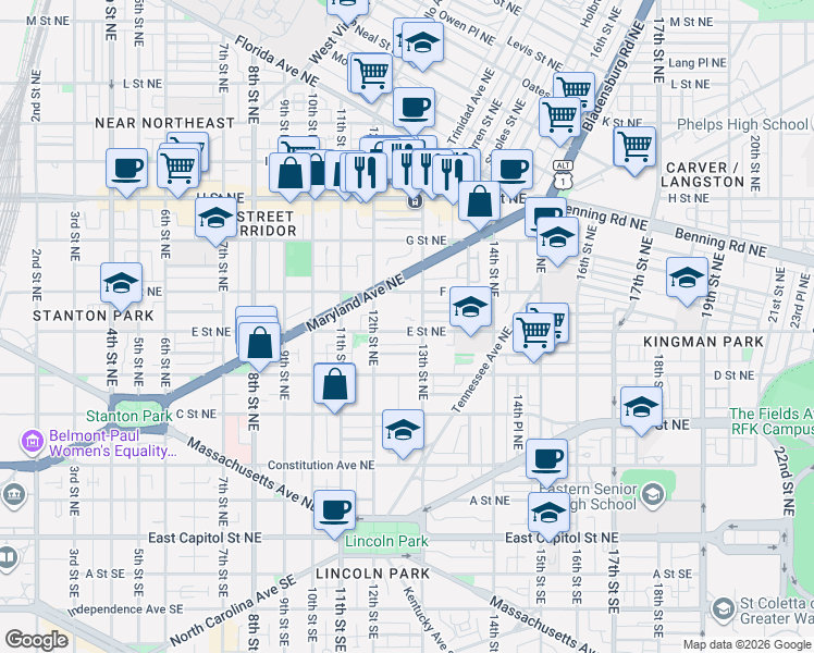 map of restaurants, bars, coffee shops, grocery stores, and more near 101 Independence Avenue Southeast in Washington