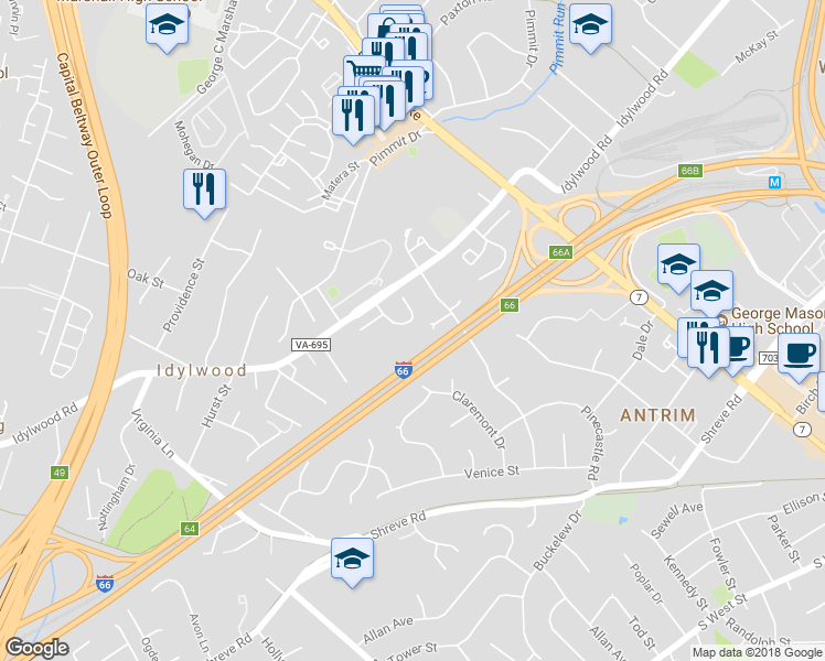 map of restaurants, bars, coffee shops, grocery stores, and more near 2312 Colonel Lindsay Court in Falls Church