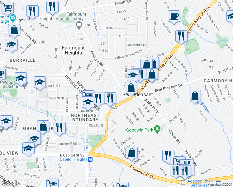 map of restaurants, bars, coffee shops, grocery stores, and more near 601 63rd Place in Capitol Heights