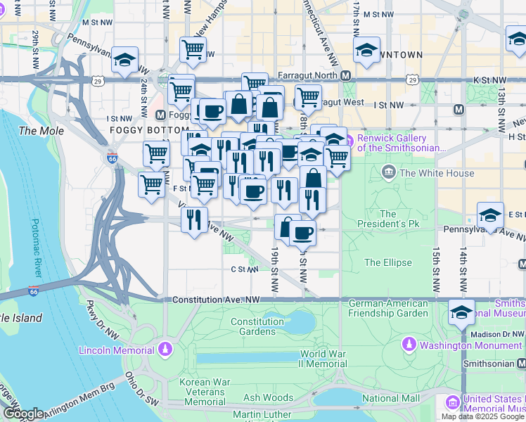 map of restaurants, bars, coffee shops, grocery stores, and more near 101 Independence Avenue Southeast in Washington