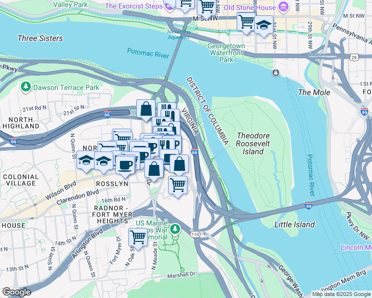 map of restaurants, bars, coffee shops, grocery stores, and more near 1701 North Kent Street in Arlington