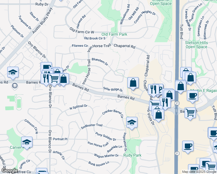 map of restaurants, bars, coffee shops, grocery stores, and more near 5220 Solar Ridge Drive in Colorado Springs