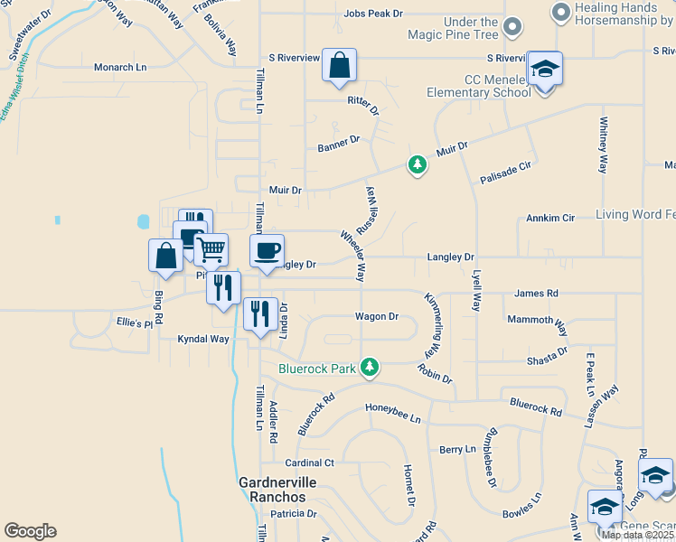 map of restaurants, bars, coffee shops, grocery stores, and more near 1334 Langley Drive in Gardnerville