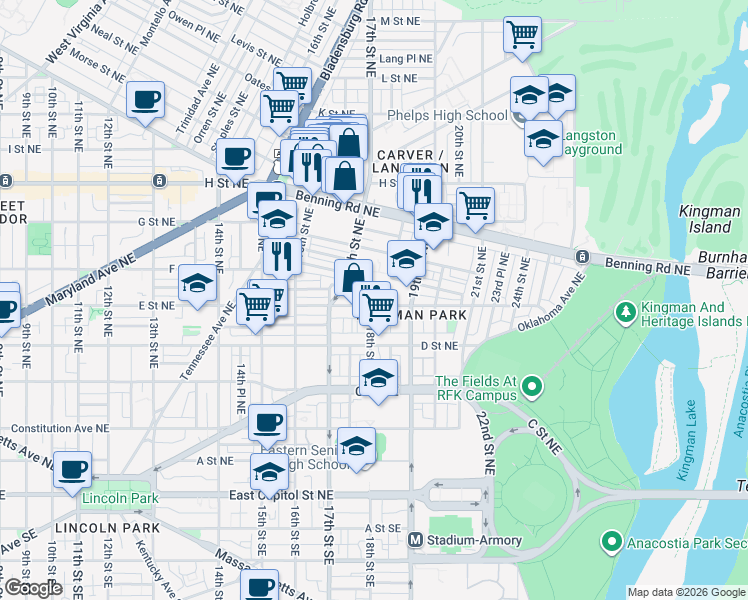 map of restaurants, bars, coffee shops, grocery stores, and more near 101 Independence Avenue Southeast in Washington