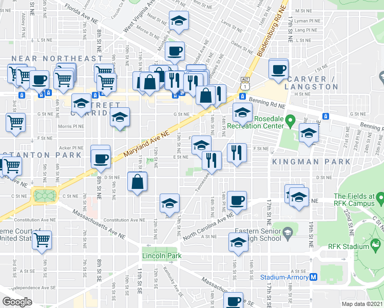 map of restaurants, bars, coffee shops, grocery stores, and more near 1323 Emerald Street Northeast in Washington