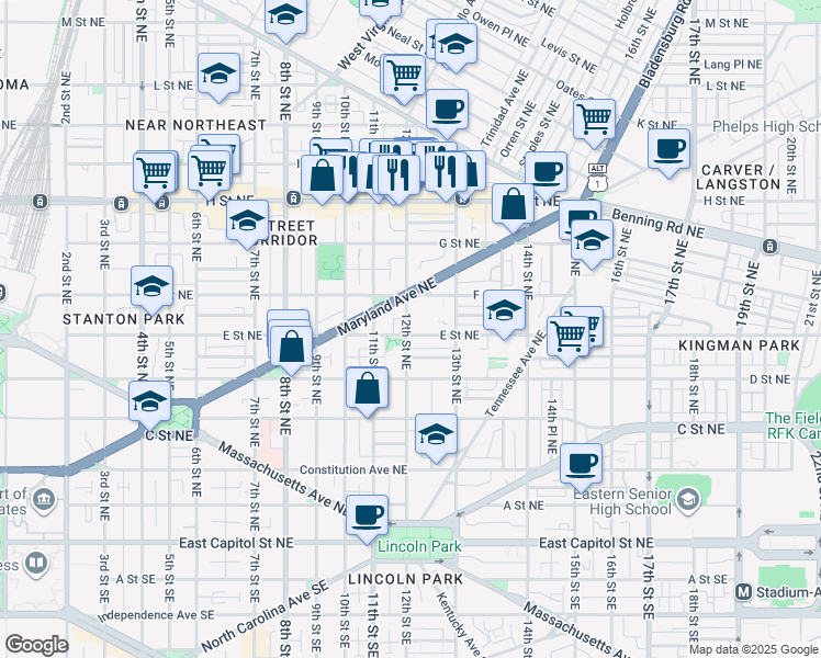 map of restaurants, bars, coffee shops, grocery stores, and more near 101 Independence Avenue Southeast in Washington