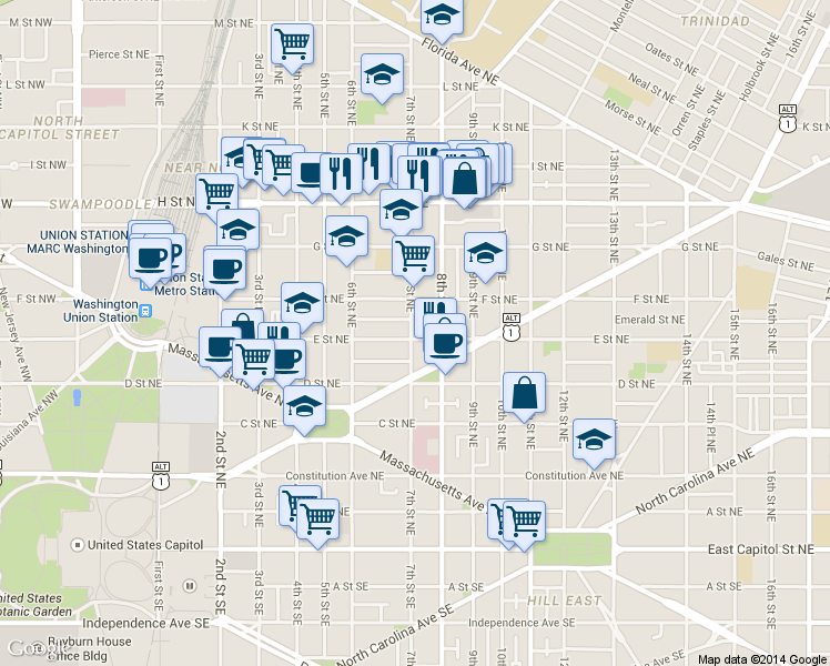 map of restaurants, bars, coffee shops, grocery stores, and more near 101 Independence Avenue Southeast in Washington