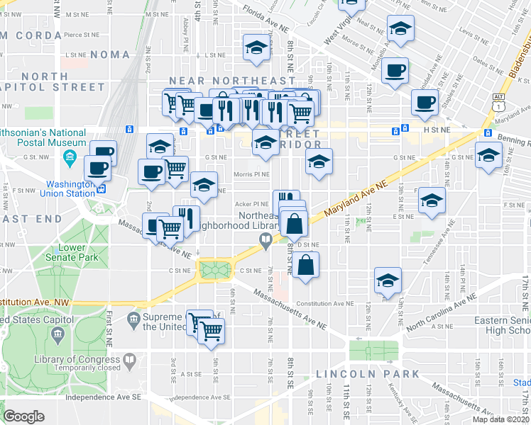 map of restaurants, bars, coffee shops, grocery stores, and more near 101 Independence Avenue Southeast in Washington
