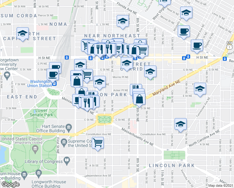 map of restaurants, bars, coffee shops, grocery stores, and more near 101 Independence Avenue Southeast in Washington